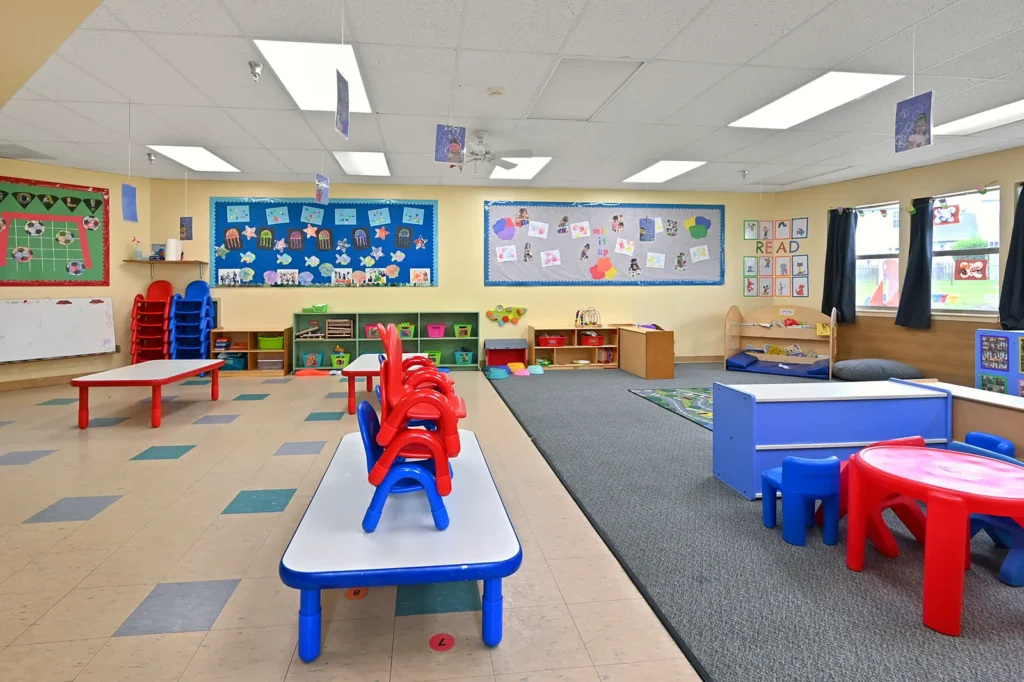 Classroom with child-size tables at the Island Lake center
